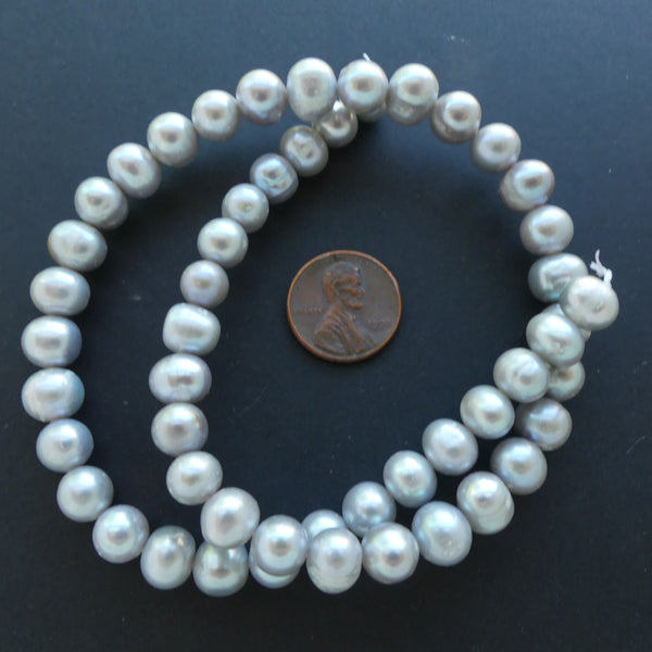 Pearls, Silver, Oblate Shape 7x8mm on 16-inch Strands