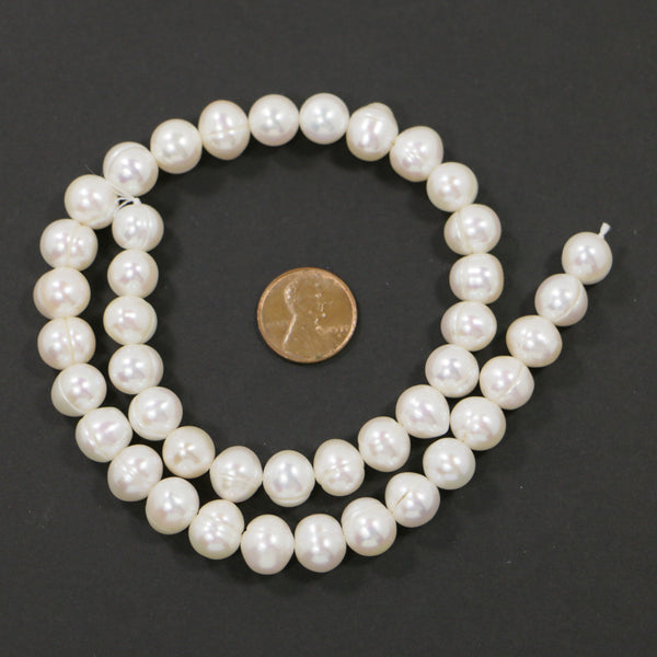 Pearls, White, Oblate Round, with Ridges 9x10mm on 16-inch Strand