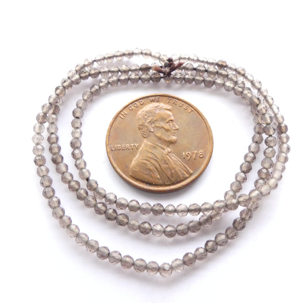 Smoky Quartz, Faceted Round 2mm Beads on 13-inch Strands