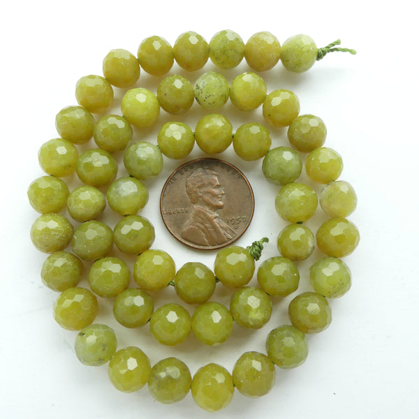 Olive Jade, Faceted Round, 6mm Diameter on 16-inch Strands