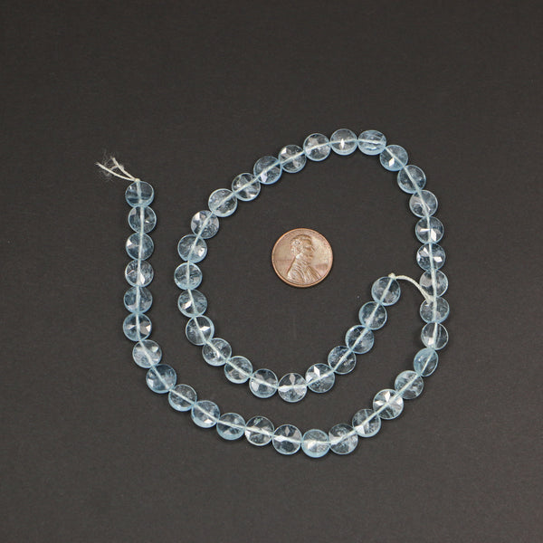 Aquamarine, Faceted 8mm Diameter Coin Shapes on 16-inch Strands