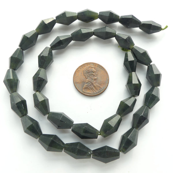 Jade (Nephrite) Faceted Bicones, Very Dark Green, 12x8mm on 16-inch Strands