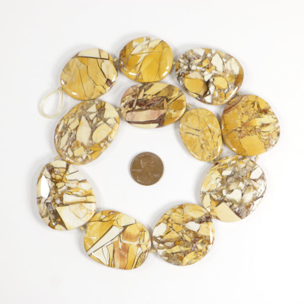 Brecciated Mookite Jasper, Flat Irregular Oval, Largest 40x32mm on 16-inch Strand
