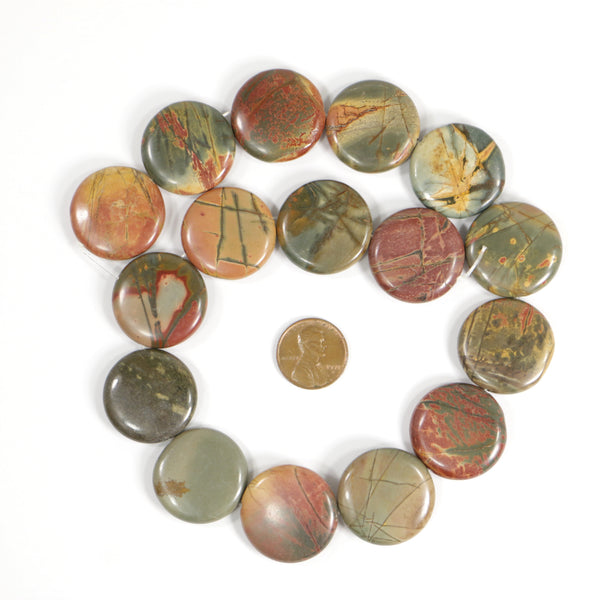 Red Creek Jasper, Coin, 25mm Diameter, on 16-inch Strand