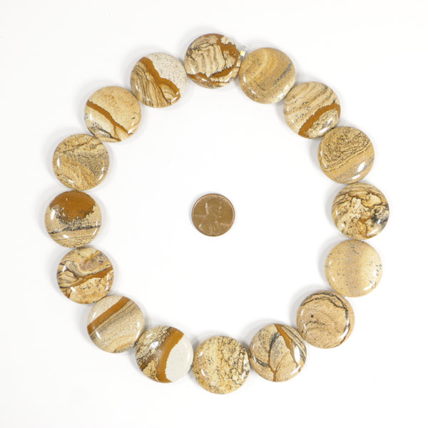 Picture Jasper, Coin, 25mm Diameter, on 16-inch Strand