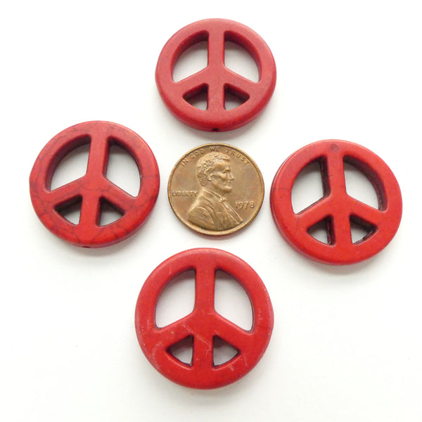 Magnesite Dyed Red, Peace Signs 25mm, Sold by Set of 4
