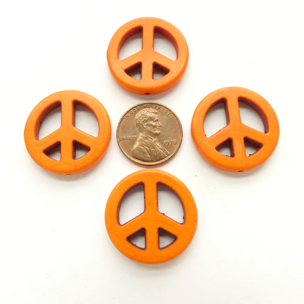 Magnesite Dyed Orange, Peace Signs 25mm Diameter, Sold by Sets of 4