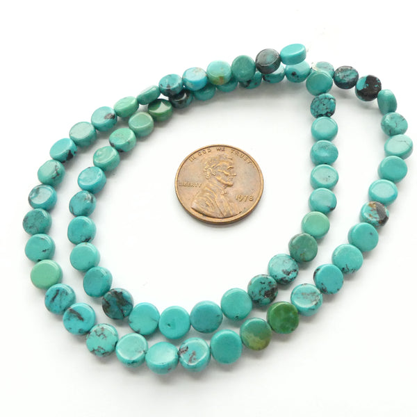 Turquoise, Coin Shape, 6mm Diameter on 16-inch Strand