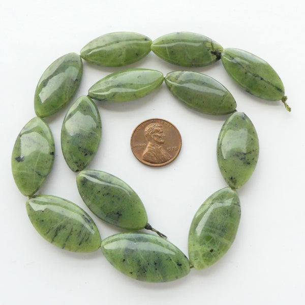 Jade (Nephrite) Flat Pointy Ovals, 30x9mm on 16-inch Strands