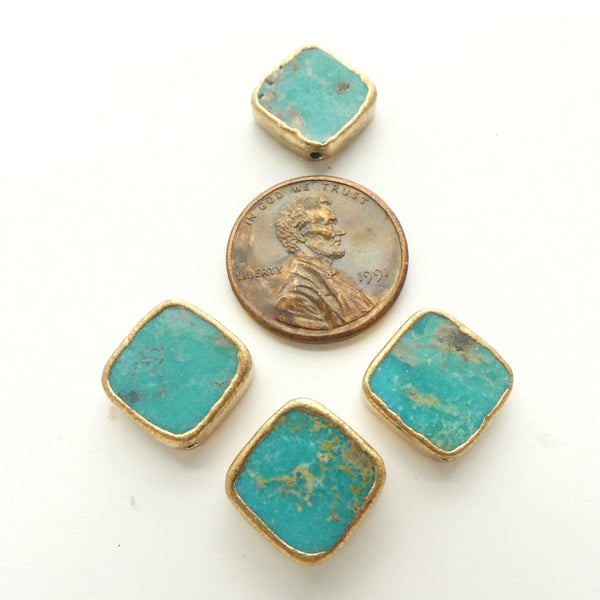 Turquoise, Diamond Shape, "Gold Framed" 12x12mm, Set of 4