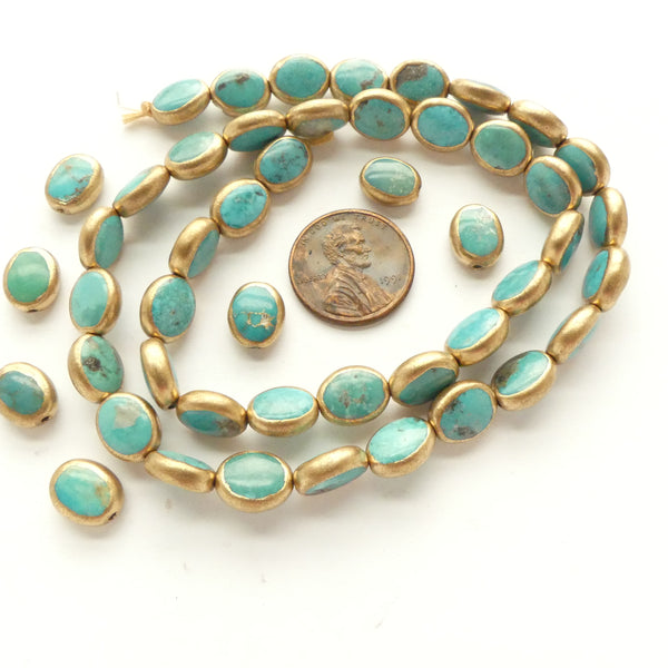 Turquoise, Oval Small Puffy, "Gold Framed" 10x8mm, Set of 4