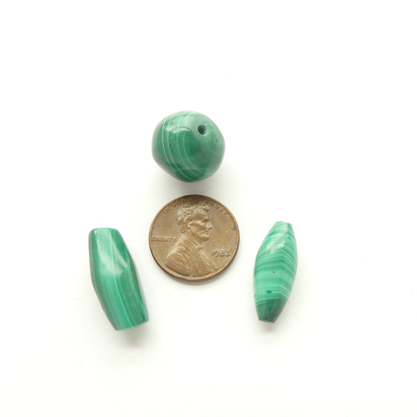 Malachite, Set of Three Beads, 15mm Round, 20x8mm Oval and 20x9mm Barrel