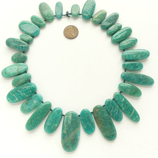 Amazonite, Russian, Flat Oval Pendants Assorted Sizes, 18-40mm, 16-inch Strand