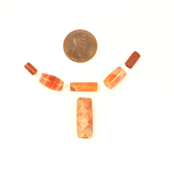 Ancient, Tairona Pre-Columbian Carnelian Beads, Set of 6 Cylinder Beads