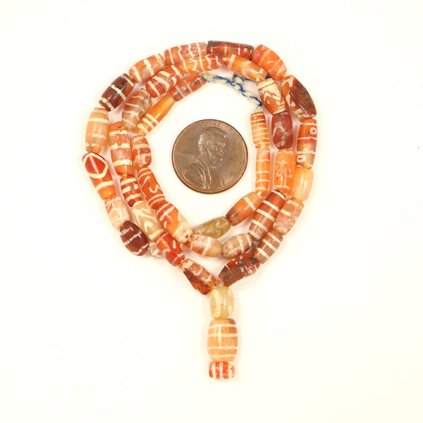 Ancient Bactrian Bronze Age "Etched" Carnelian, 18-inch Strand including Pendant