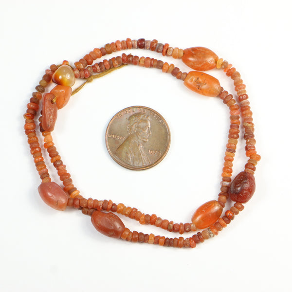 Ancient, Bactrian Bronze Age Carnelian from Afghanistan, 15-inch Strand with Small Pendant