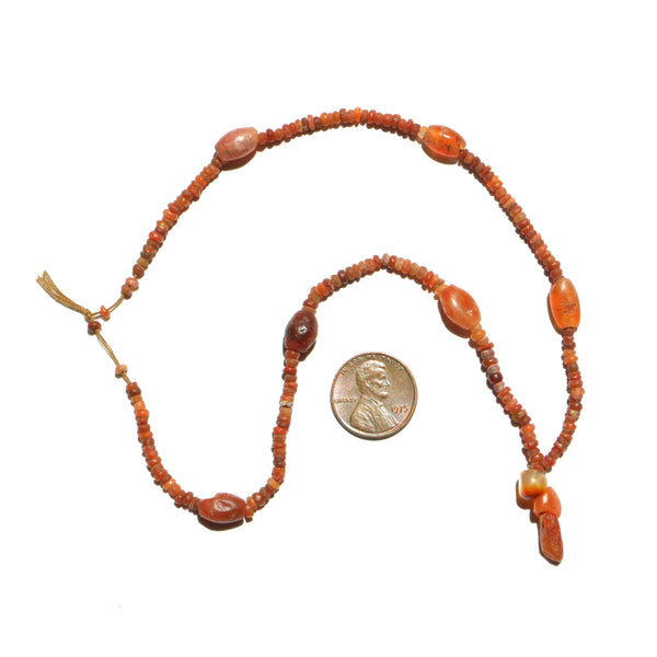 Ancient, Bactrian Bronze Age Carnelian from Afghanistan, 15-inch Strand with Small Pendant