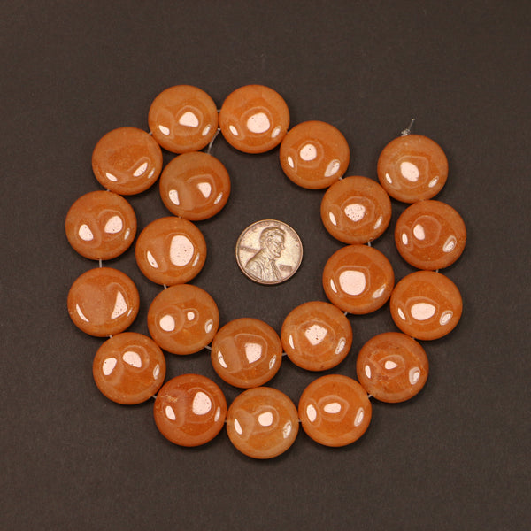 Red Aventurine, Coin Shape with Rounded Edges, 19mm Diameter on 16-inch Strands