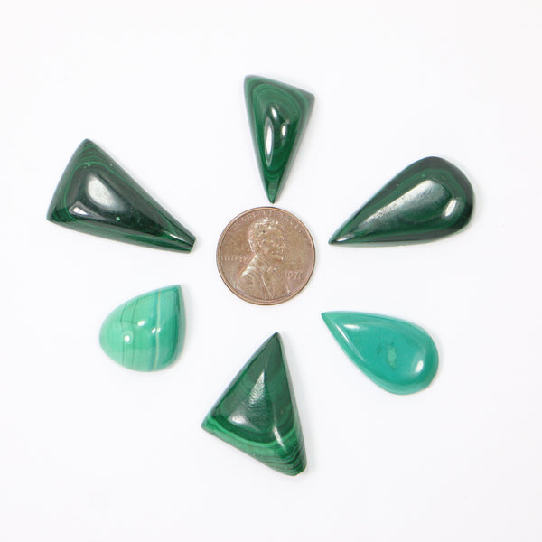 Malachite Cabochons, 3 Teardrop Shapes and 3 Triangles, Sold as Set of 6