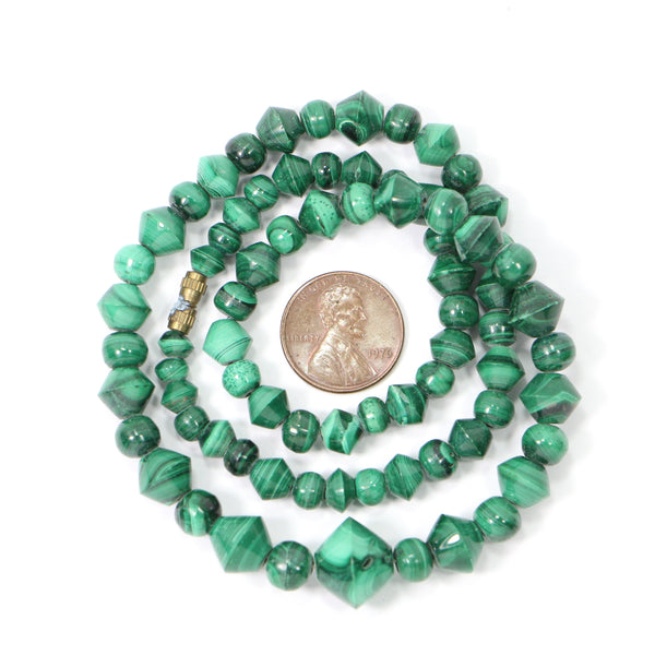 Malachite, Slightly Graduated Strand of Bicones & Round Beads 5-12mm, On 18-inch Strand