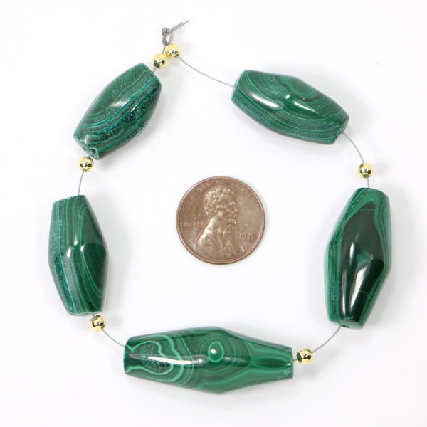 Malachite, Truncated Oval Beads Graduated 21 to 35mm Long, Sold as a Set of 5