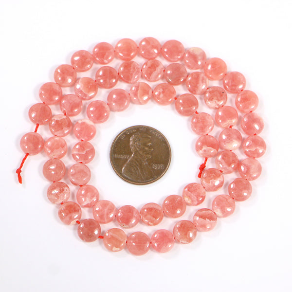 Rhodochrosite, Coin Shape, Small 7mm Diameter on 16-inch Strand