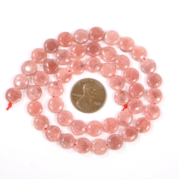 Rhodochrosite, Coin Shape, 8mm Diameter on 16-inch Strands