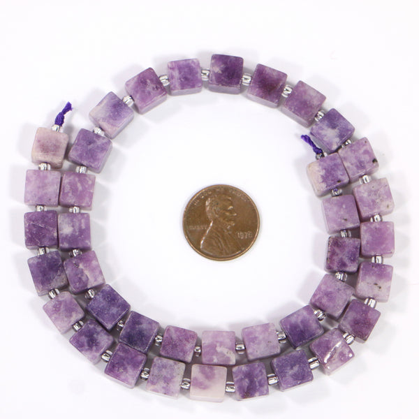 Lepidolite, Cubes 9x9x9mm Strung with Small Glass Beads on 16-inch Strand