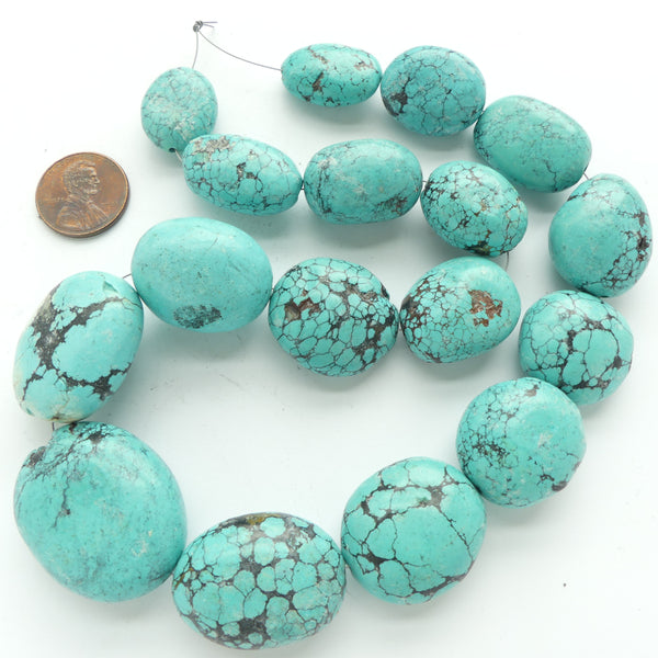 Turquoise, Graduated Puffy Ovals, Largest 32x26mm on 16-inch Strand
