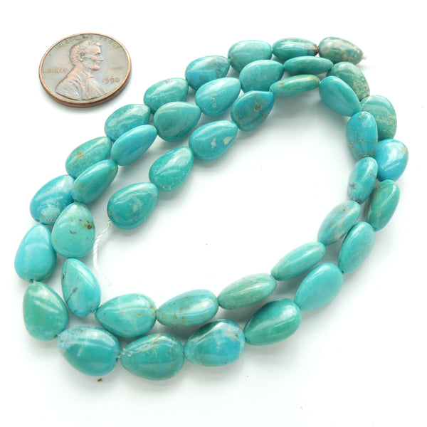 Turquoise, Small Teardrop Shapes, 9mm Long, 7mm Wide at Base, on 16-inch Strand