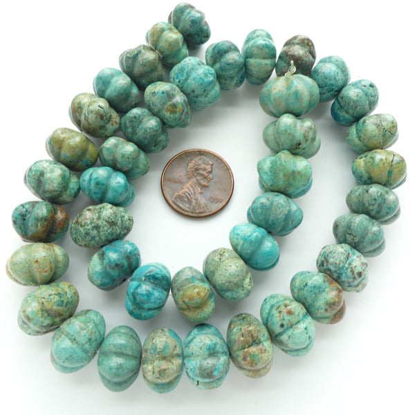 Turquoise, Melon Beads, Natural Green/Blue Turquoise 10x15mm on 16-inch Strand