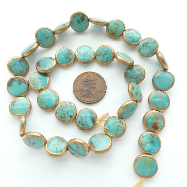 Turquoise, Coin Slightly Puffy, "Gold Framed" 12mm Diameter, Set of 12