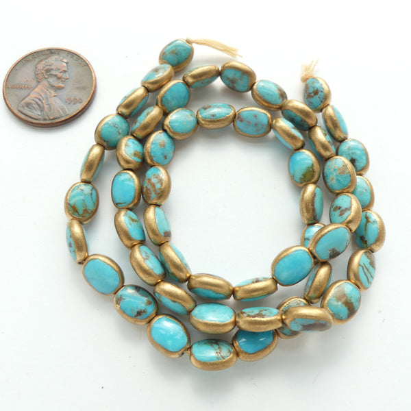 Turquoise, Small Slightly Puffy Oval Shapes, "Gold Framed" 8x5mm, Sold in Sets of 20
