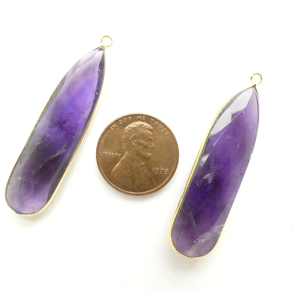 Amethyst, Faceted Long Drops Bezel-Set in Gold Plate, 45mm Long, Sold Individually