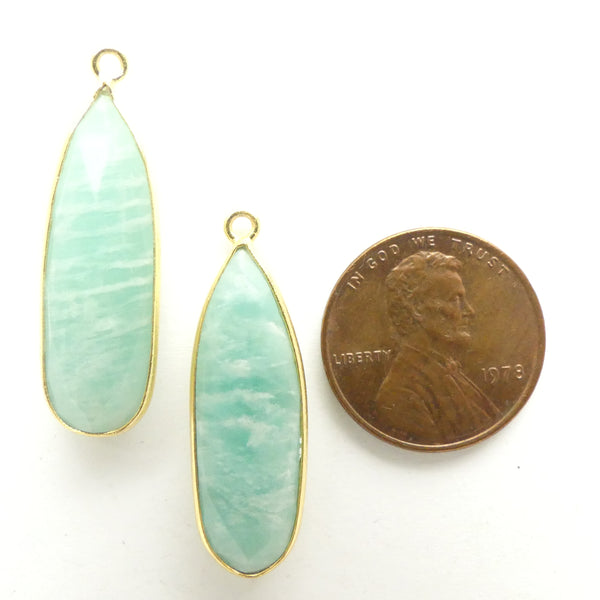 Amazonite, Faceted Long Drops Bezel-Set in Gold Plated Metal, 30mm Long, Sold Individually