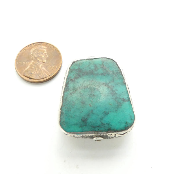 Turquoise, Antique Tibetan Trapezoidal Bead, Framed in Silver,