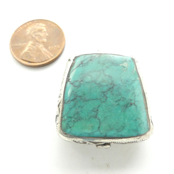 Turquoise, Antique Tibetan Trapezoidal Bead, Framed in Silver, 28x26mm