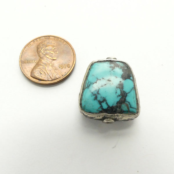 Turquoise, Antique Tibetan Trapezoidal Beads Framed in Silver, 22x18mm