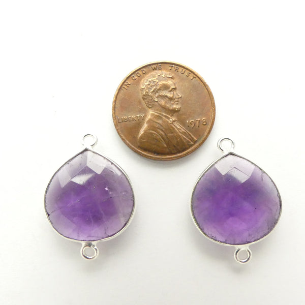 Amethyst, Faceted Wide Drop Shaped Links Bezel-Set in Silver, 18mm Long, Sold Individually