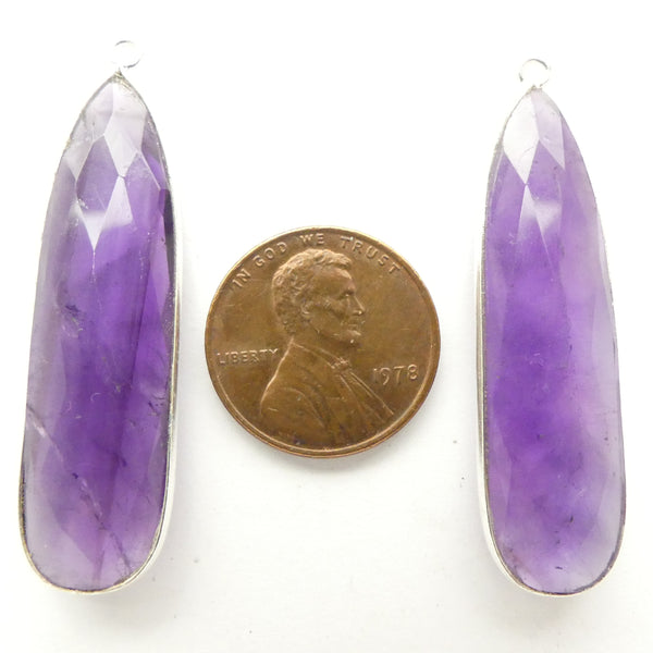 Amethyst, Faceted Long Drops Bezel-Set in Silver, 45mm Long, Sold Individually
