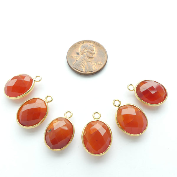Carnelian, Faceted Oval Charms Bezel-Set in Gold Plate, 17mm with Loop, sold Individually