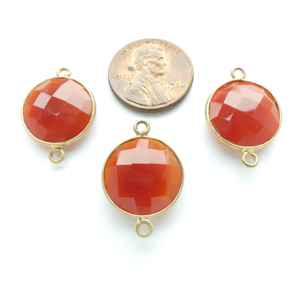 Carnelian, Faceted Round Links Bezel-Set in Gold Plate, 22mm Long with Loops, Set of 3