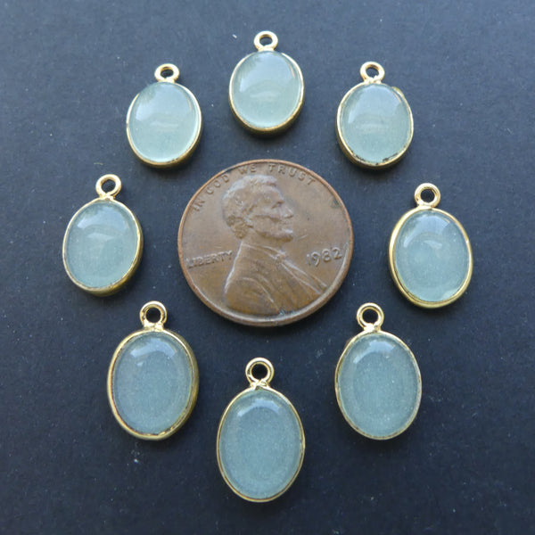 New Jade, Smooth Oval Charms, Set in Gold, 14x9mm, Sold Individually