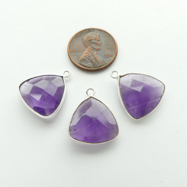 Amethyst, Faceted Triangles Bezel-Set in Silver 18mm Long, Sold Individually