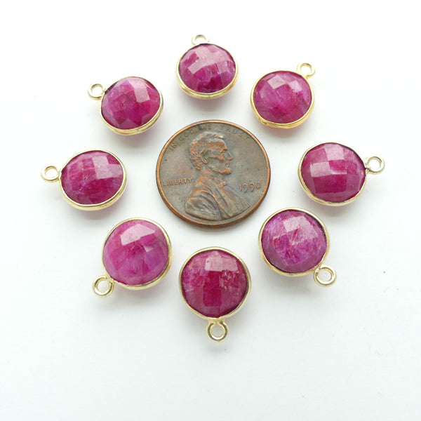 Ruby, Faceted, Bezel-Set Round Charms/Pendants, 12mm Diameter, Sold Individually