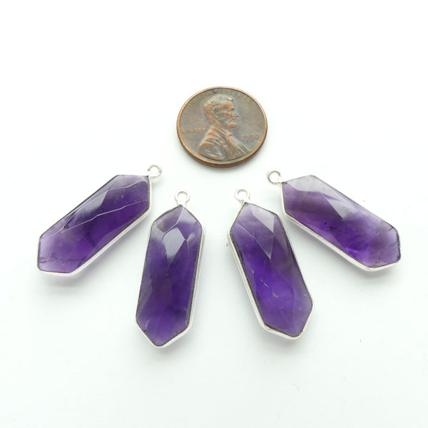 Amethyst, Faceted Long Hexagons Bezel-Set in Silver, Sold Individually