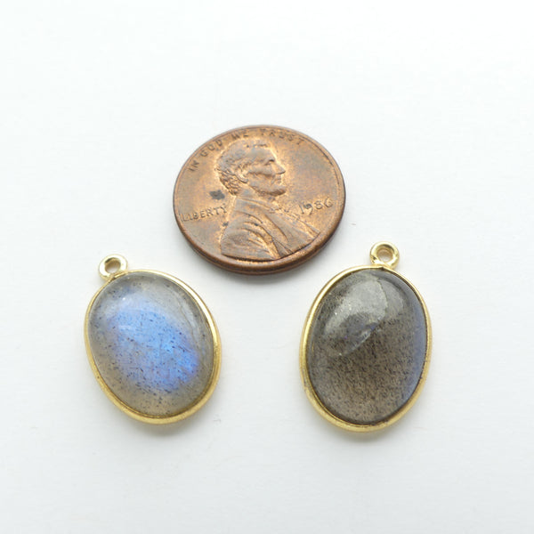 Labradorite, Smooth Oval Pendants Bezel-Set in Gold Plates Frames, 20mm, Sold Individually