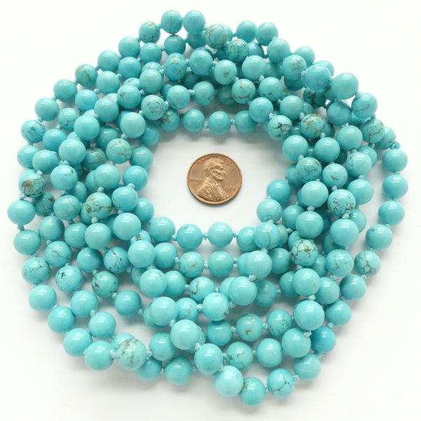 Magnesite Dyed Turquoise, Round 8mm on Extra Long Endless Knotted Strand