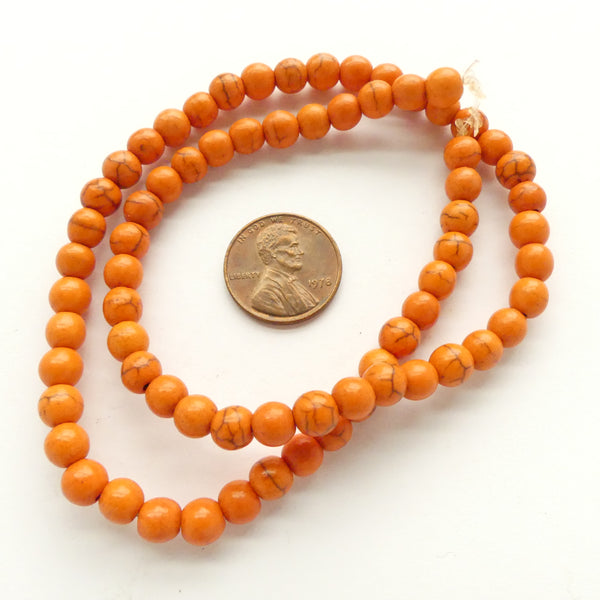 Magnesite Dyed Orange, Round 6mm Beads on 16-inch Strand