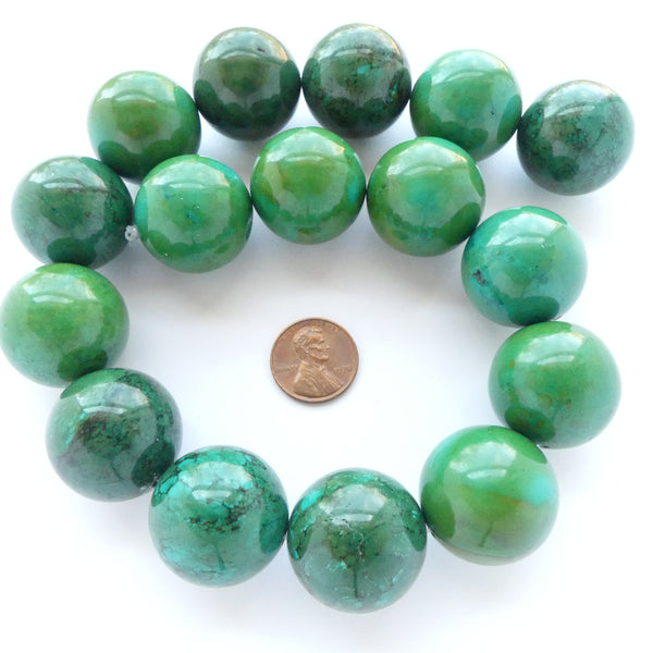 Turquoise, Beads, Round 25mm, Extraordinary Green on 16-inch Strand